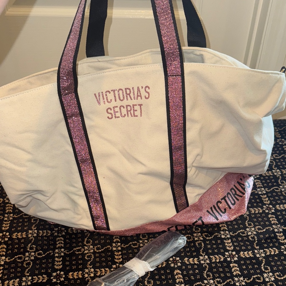 Victoria's Secret Cream and Pink Glitter Tote